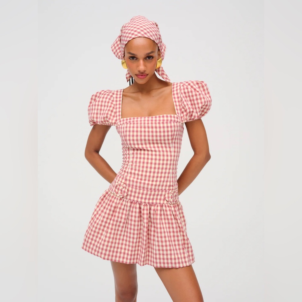 For Love and Lemons NWT Gingham Puff Sleeve Dress in Pink